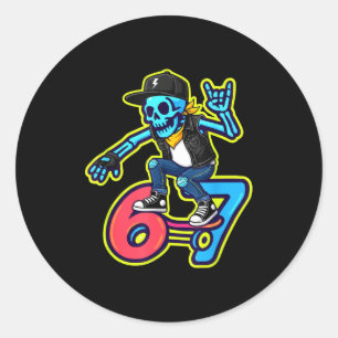 Funny 67 Skeleton Skater Meme Retro Skateboarding Classic Round Sticker