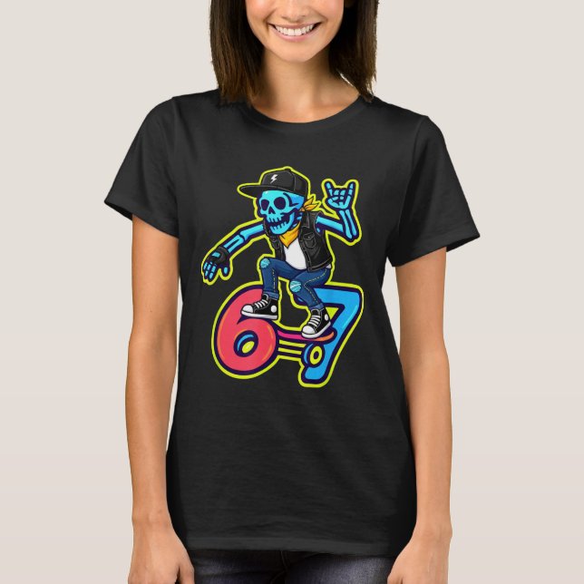 Funny 67 Skeleton Skater Meme Retro Skateboarding  T-Shirt (Front)