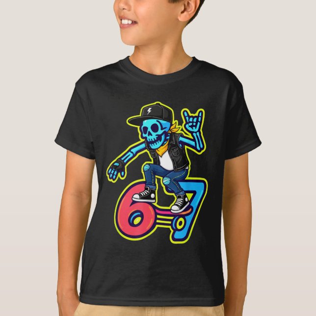 Funny 67 Skeleton Skater Meme Retro Skateboarding  T-Shirt (Front)