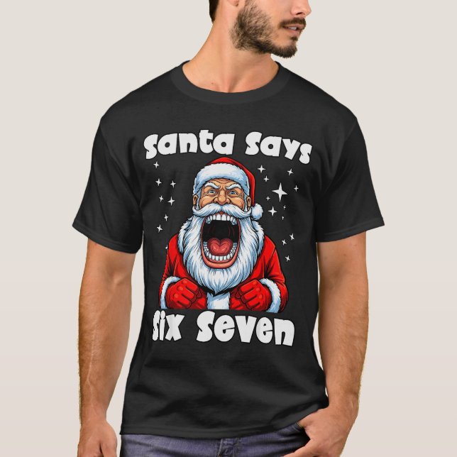 Funny 6 7 Meme Big Mouth Boy Santa Claus Says Merr T-Shirt (Front)