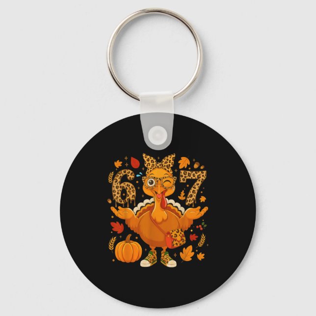 Funny 6 7 Thanksgiving Leopard Bow Turkey Six Seve Key Ring (Front)