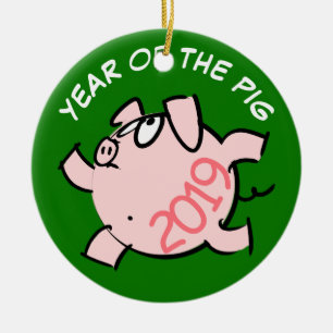 Funny 6 Cartoon Illustration Pig Year 2019 Round Ceramic Ornament