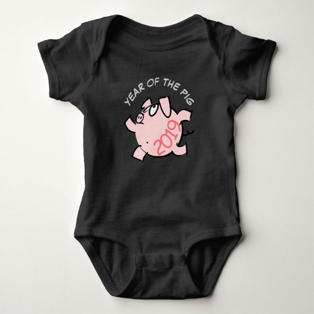 Funny 6 Cartoon Illustration Pink Pig custom year  Baby Bodysuit (Front)