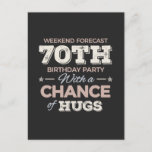 Funny 70th birthday sayings postcard<br><div class="desc">Funny 70th birthday sayings quote with humourous saying as Weekend Forecast 70th Birthday Party With A Chance Of Hugs. Happy 70th birthday for celebrating the birthday of your loved ones for example your grandma,  grandpa,  father,  mother,  uncle or aunt. Happy 70th birthday gift idea.</div>