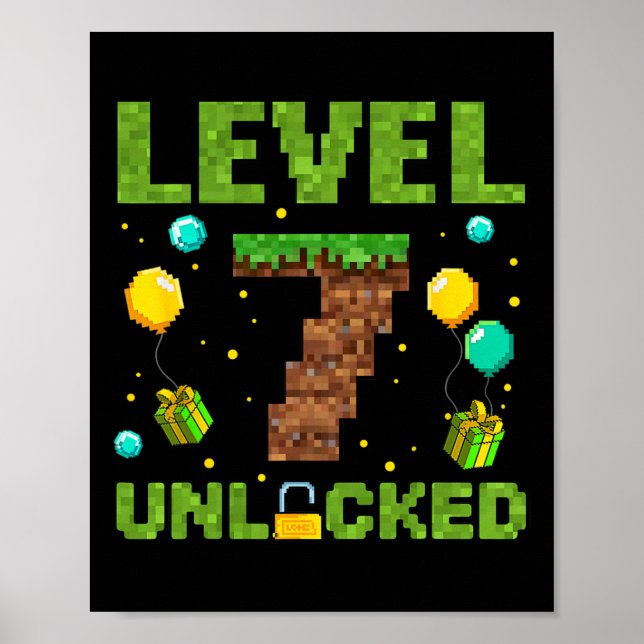 Funny 7th Birthday Boy Gamer Level 7 Unlocked Pixe Poster (Front)