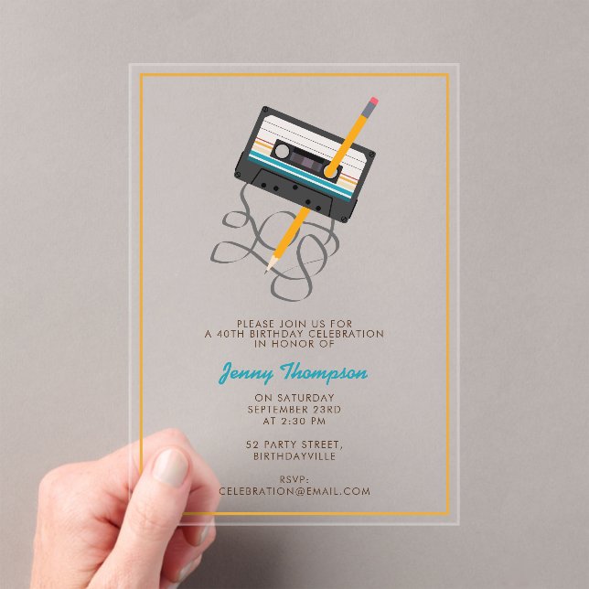 Funny 80s Music Retro Cassette Tape 40th Birthday Acrylic Invitations (Insitu (Handheld))