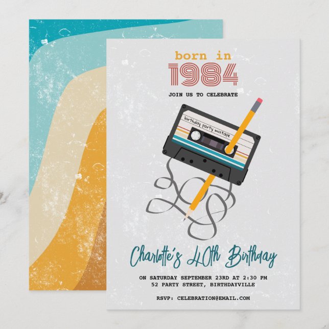 Funny 80s Music Retro Cassette Tape 40th Birthday Invitation (Front/Back)