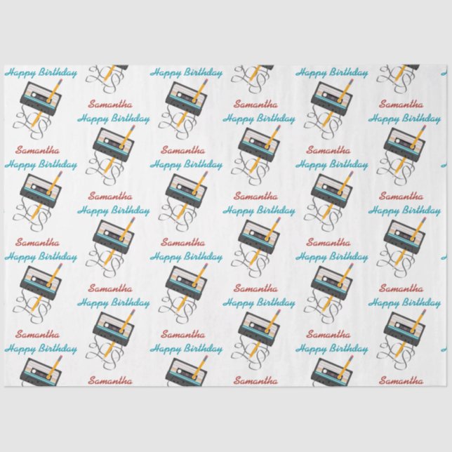 Funny 80s Music Retro Cassette Tape Birthday Name Tissue Paper (Front)