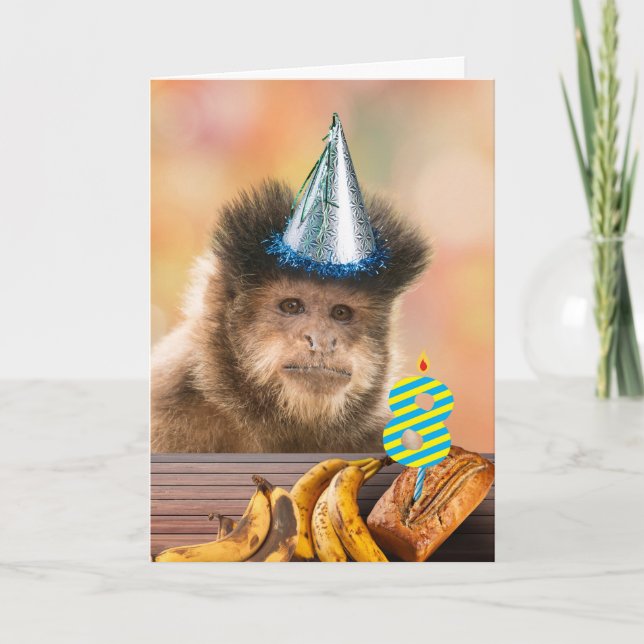 Funny 8th Birthday Capuchin Monkey Banana Bread Card (Front)