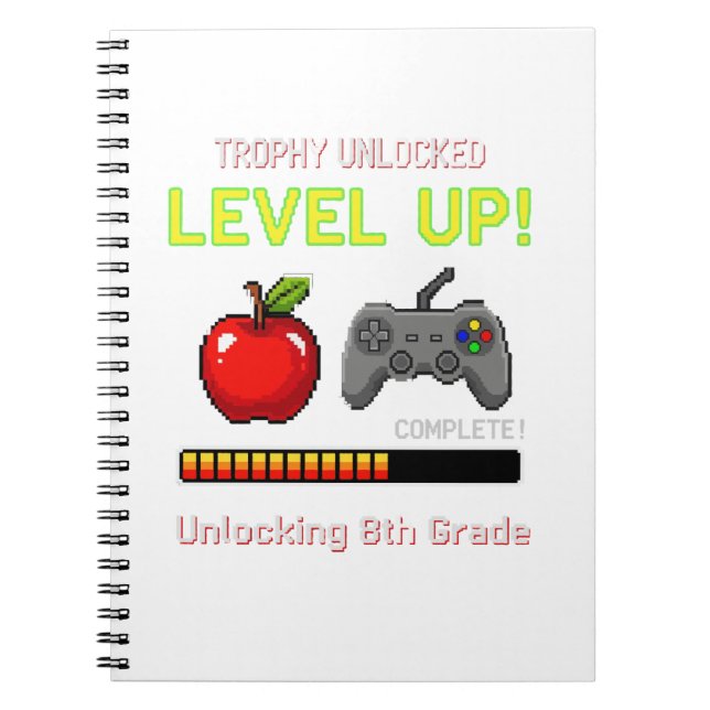 Funny 8th Grade Level Up Gamer | Trophy Unlocked  Notebook (Front)