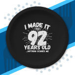 Funny 92nd Birthday Quote Sarcastic 92 Year Old Paper Plate<br><div class="desc">This funny 92nd birthday design makes a great sarcastic humour joke or novelty gag gift for a 92 year old birthday theme or surprise 92nd birthday party! Features "I Made it to 92 Years Old... Nothing Scares Me" funny 92nd birthday meme that will get lots of laughs from family, friends,...</div>