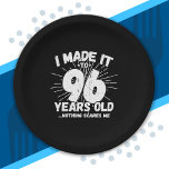 Funny 96th Birthday Quote Sarcastic 96 Year Old Paper Plate<br><div class="desc">This funny 96th birthday design makes a great sarcastic humour joke or novelty gag gift for a 96 year old birthday theme or surprise 96th birthday party! Features "I Made it to 96 Years Old... Nothing Scares Me" funny 96th birthday meme that will get lots of laughs from family, friends,...</div>