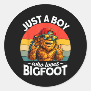 Funny A Boy Who Loves Bigfoot Mens Kids Sasquatch Classic Round Sticker