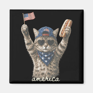 Funny Aamerica Cat Hotdog 4th Of July Flag Magnet
