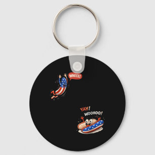 Funny Aamerican Flag Hot Dog Jumping In Bun 4th Of Key Ring