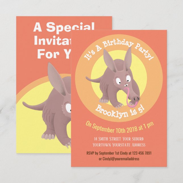 Funny aardvark cartoon personalised invitation (Front/Back)