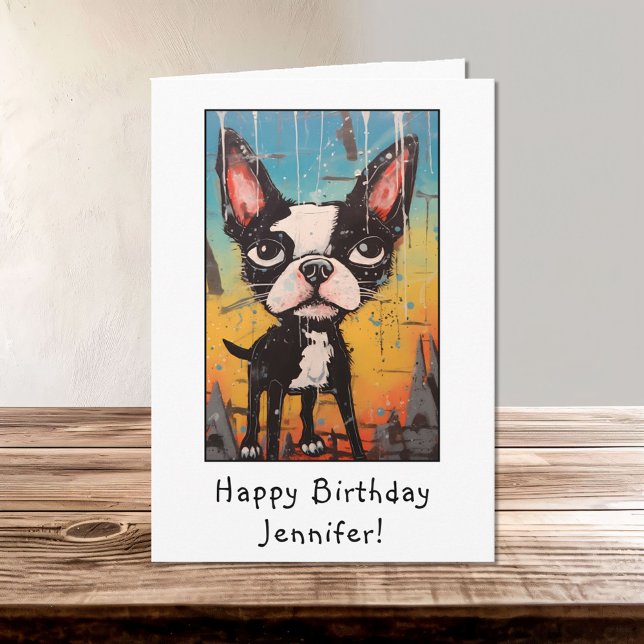 Funny Abstract Boston Terrier Happy Birthday Name Card (Creator Uploaded)