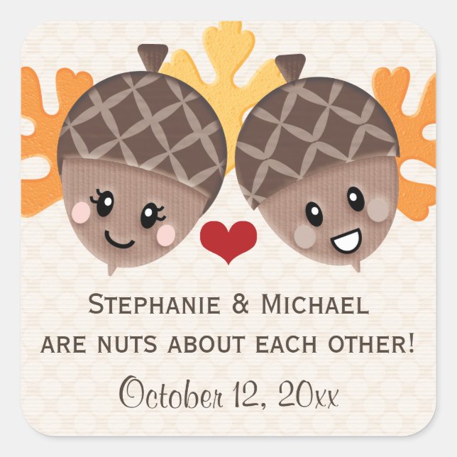 Funny Acorn Couple Favour Square Sticker (Front)