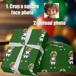 Funny Add Kids Face Photo Football Player Green Wrapping Paper