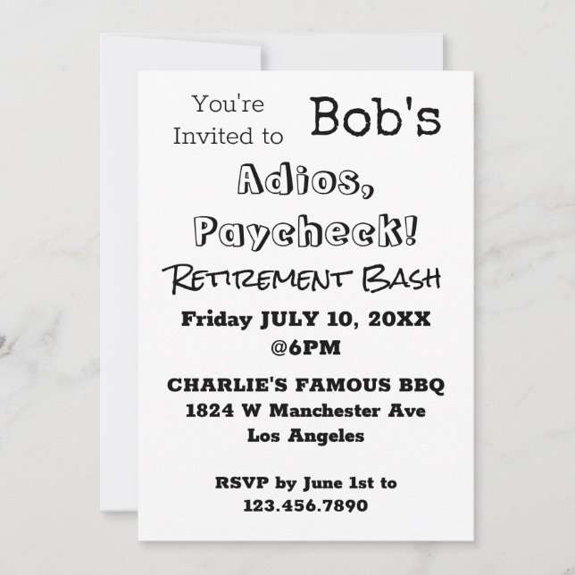 FUNNY Adios, Paycheck Dad Retirement Party  Invitation (Front)