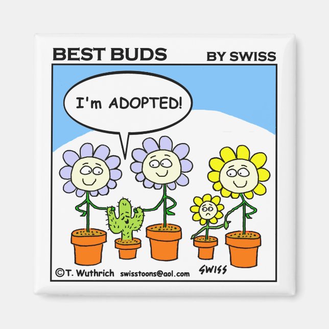 Funny Adopted Cactus and Flowers Cartoon Adoption Magnet (Front)