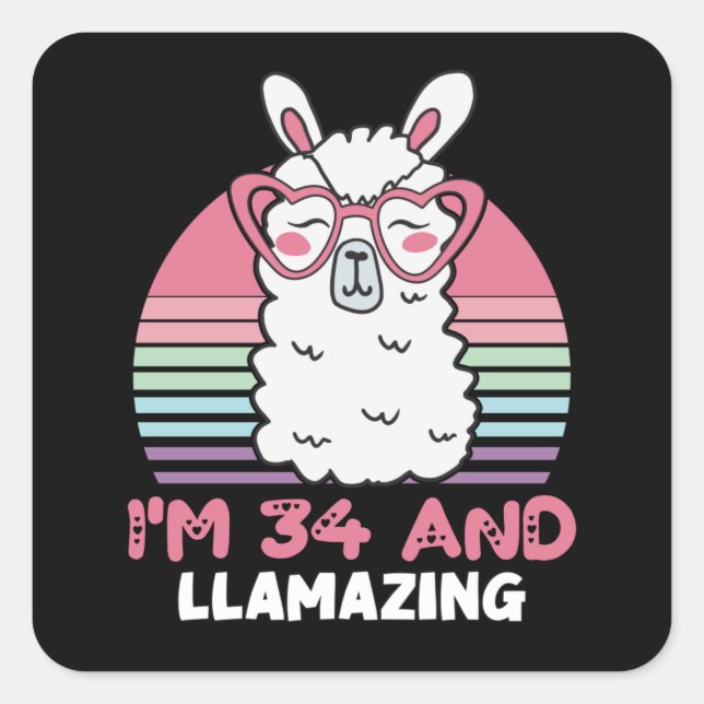 Funny Adorable Llama 34th Birthday Gift For Women Square Sticker (Front)