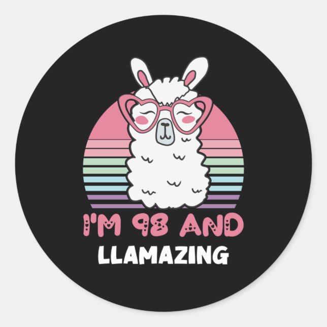 Funny Adorable Llama 98th Birthday Gift For Women Classic Round Sticker (Front)