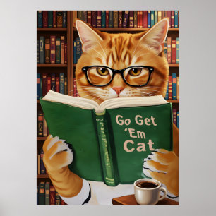 Funny Adorable Reading Cat Art Coffee Tabby Cat Poster