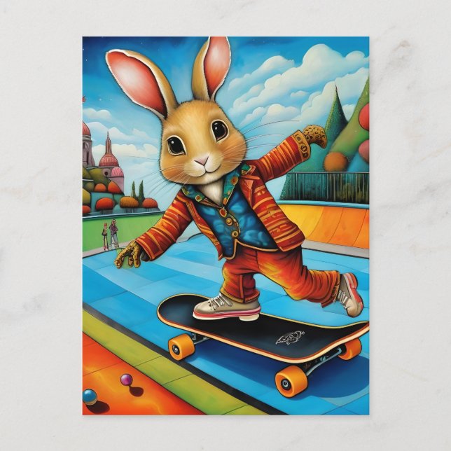 Funny Adorable Skateboarding Brown Rabbit Postcard (Front)