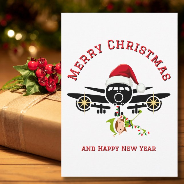 Funny Aeroplane Santa hat & Elf Custom Xmas Photo Holiday Card (Creator Uploaded)