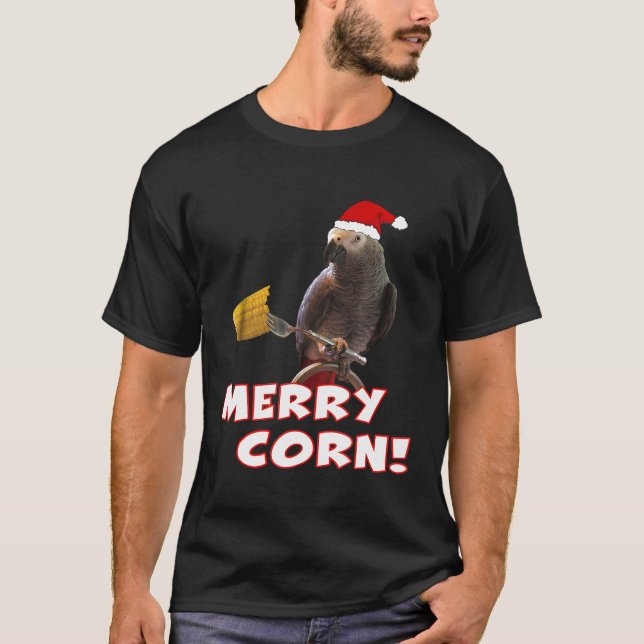 Funny African Grey Parrot Merry Corn Christmas San T-Shirt (Front)