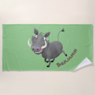 Funny african warthog pig cartoon illustration beach towel