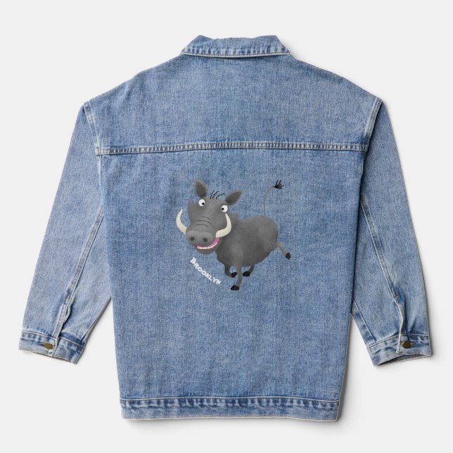Funny african warthog pig cartoon illustration denim jacket (Back)