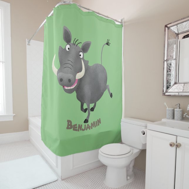 Funny african warthog pig cartoon illustration shower curtain (In Situ)