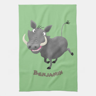 Funny african warthog pig cartoon illustration tea towel