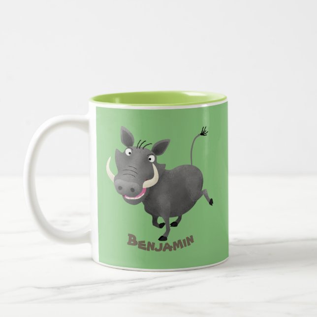 Funny african warthog pig cartoon illustration Two-Tone coffee mug (Left)