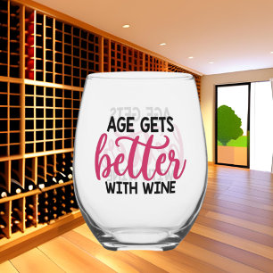 Funny age wine word art stemless wine glass