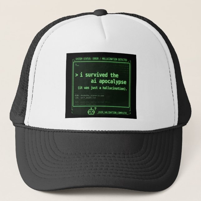 Funny AI Apocalypse Survivor Hallucination Tech  Trucker Hat (Front)