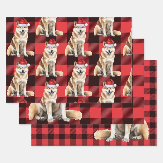Funny Akita Christmas Dog Buffalo Plaid Wrapping Paper Sheet (Set)