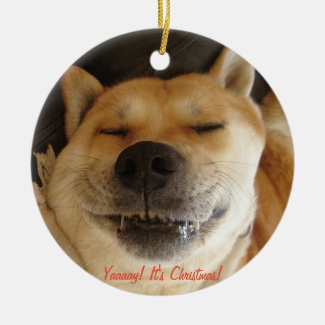 funny akita cute dog smiling at christmas ceramic ornament (Front)