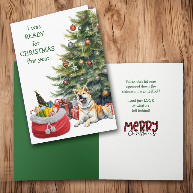 Funny Akita Dog Ready for Christmas Holiday Card (Creator Uploaded)