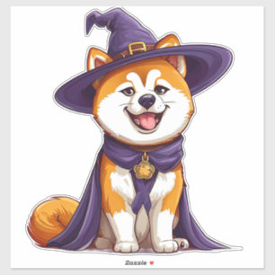 Funny Akita Dog Wearing Purple Wizard Hat
