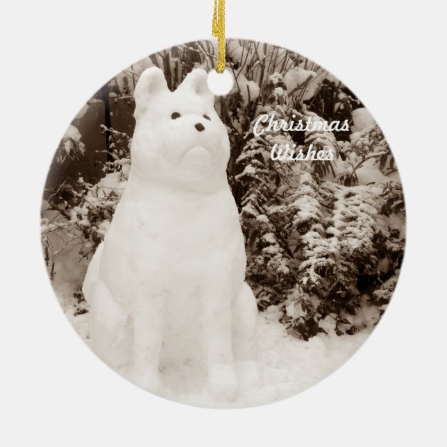 funny akita snow dog snow scene seasonal ceramic ornament (Back)