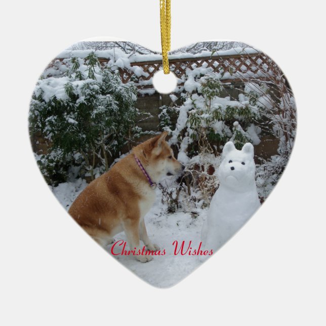funny akita snow dog snow scene seasonal ceramic ornament (Front)
