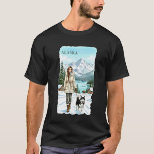 Funny Alaska Travel Art Woman with Husky in Snowy T-Shirt