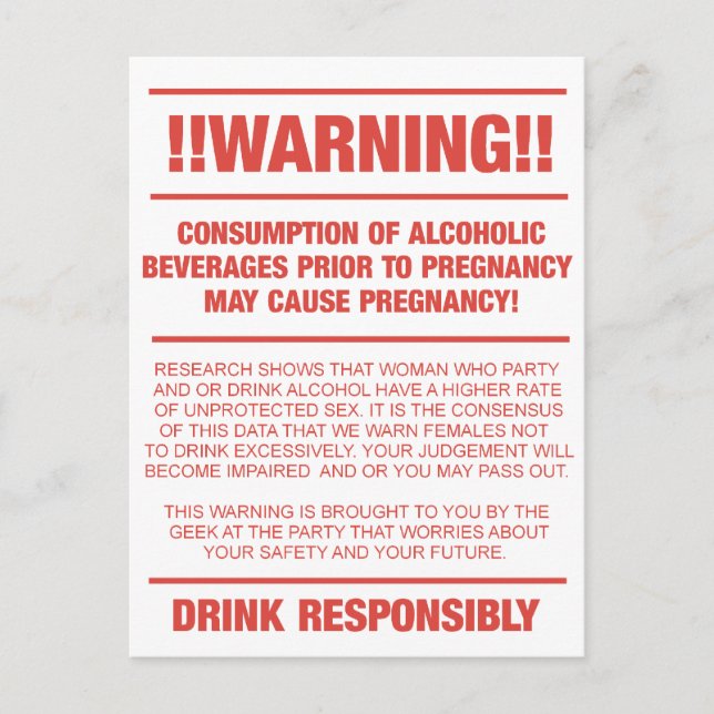 Funny alcohol and pregnancy warning postcard (Front)