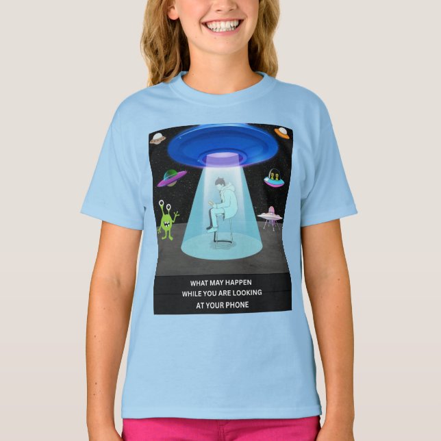 Funny Alien Abduction Phone Distraction Sci-Fi  T-Shirt (Front)