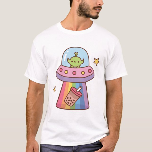 Funny Alien Abducts Bubble Tea Doodle T-Shirt (Front)