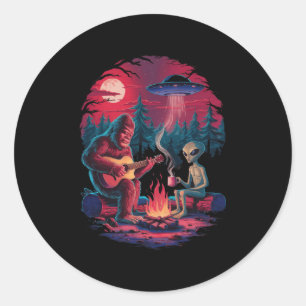 Funny Alien And Bigfoot Campfire Moon Ufo Adventur Classic Round Sticker