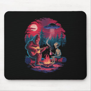 Funny Alien And Bigfoot Campfire Moon Ufo Adventur Mouse Pad